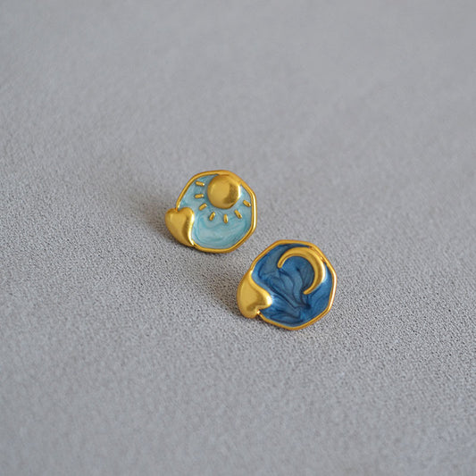 Brass Moon And Star Enamel Earrings