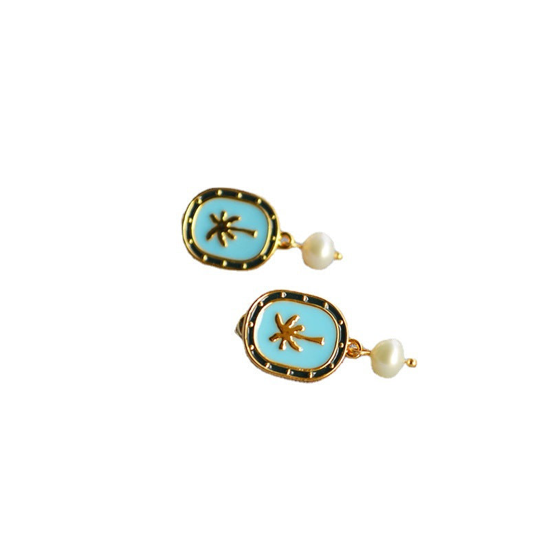 Brass Enamel Earrings With Drop Pearl