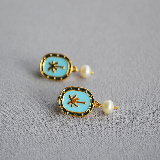 Brass Enamel Earrings With Drop Pearl