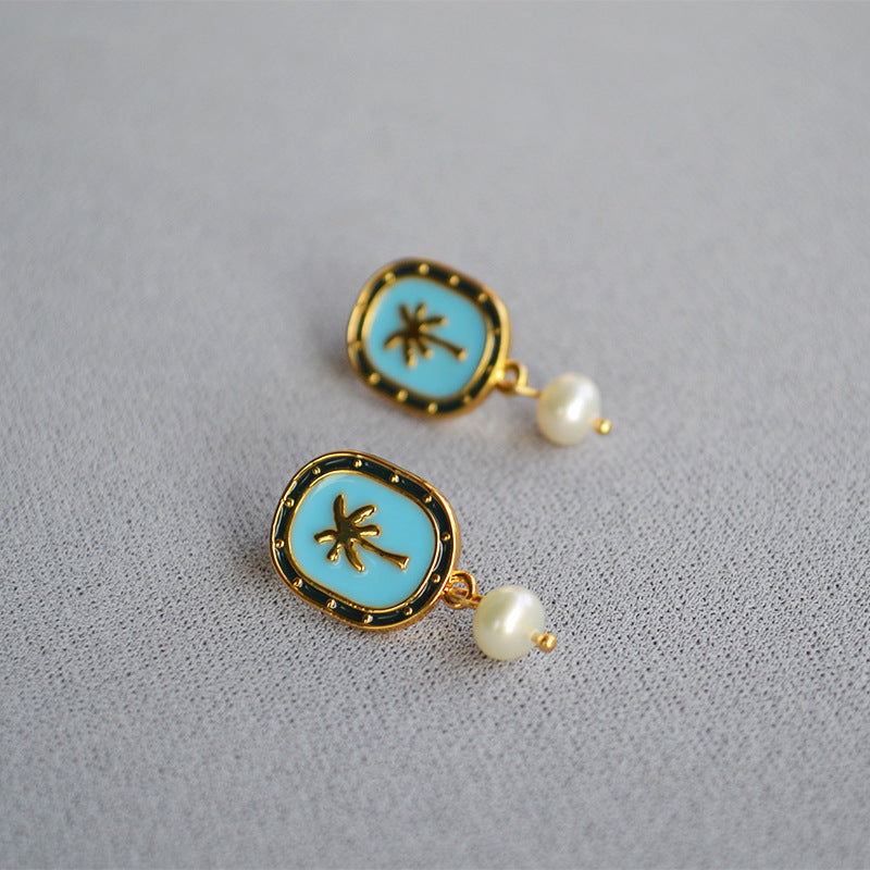 Brass Enamel Earrings With Drop Pearl