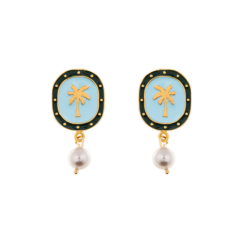 Brass Enamel Earrings With Drop Pearl