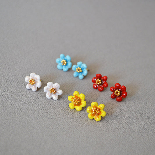 Brass Enamel Flower Earring Studs