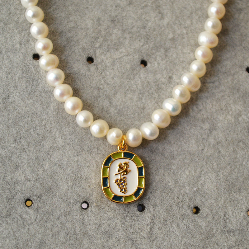 Brass Freshwater Pearl Grape Pendant Necklace