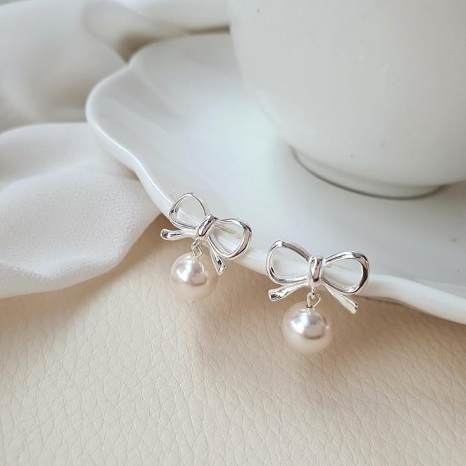 925 Sterling Silver Bow Tie Earrings With Drop Pearl