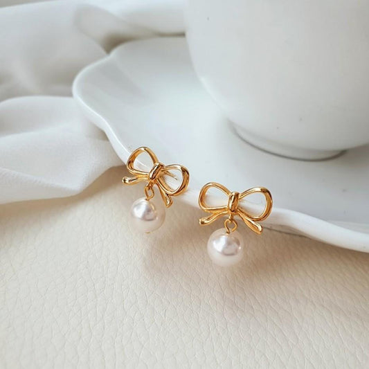 925 Sterling Silver Bow Tie Earrings With Drop Pearl