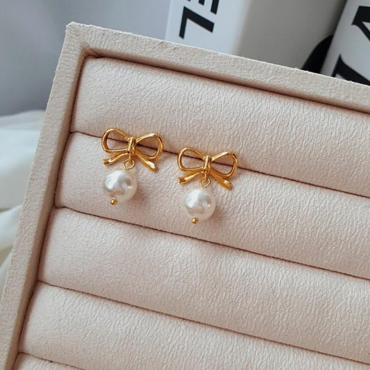 925 Sterling Silver Bow Tie Earrings With Drop Pearl