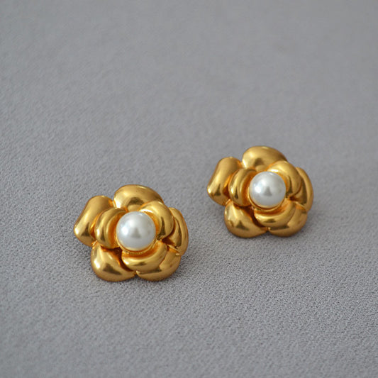 Brass Flower Pearl Earrings