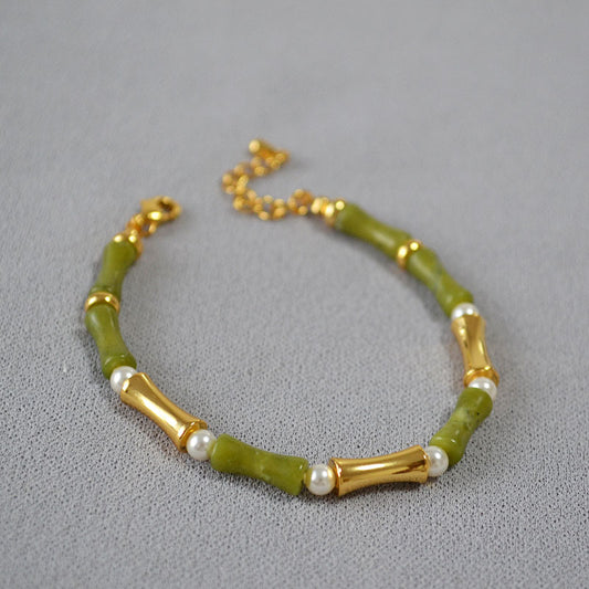 Freshwater Natural Stone Bamboo Joint Design Brass Bracelet Bangle