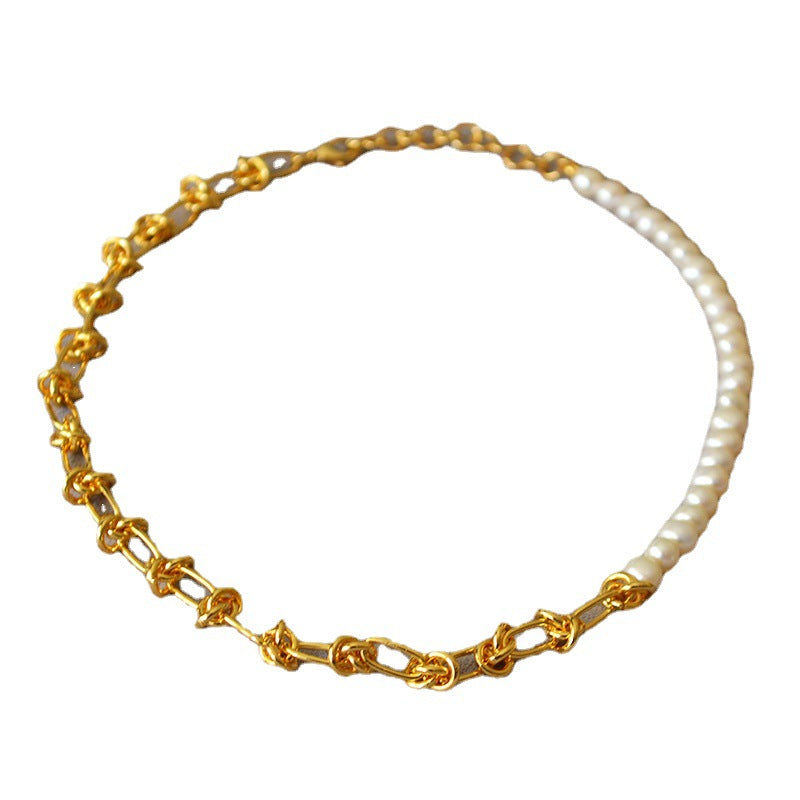 Brass Freshwater Pearl Knotted Chain Necklace