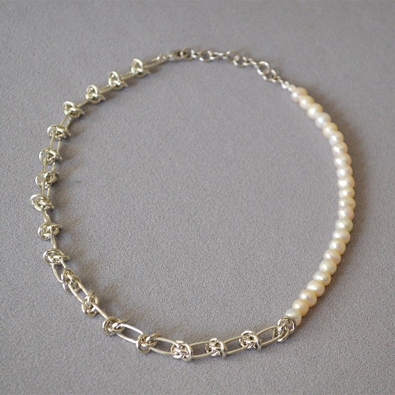 Brass Freshwater Pearl Knotted Chain Necklace