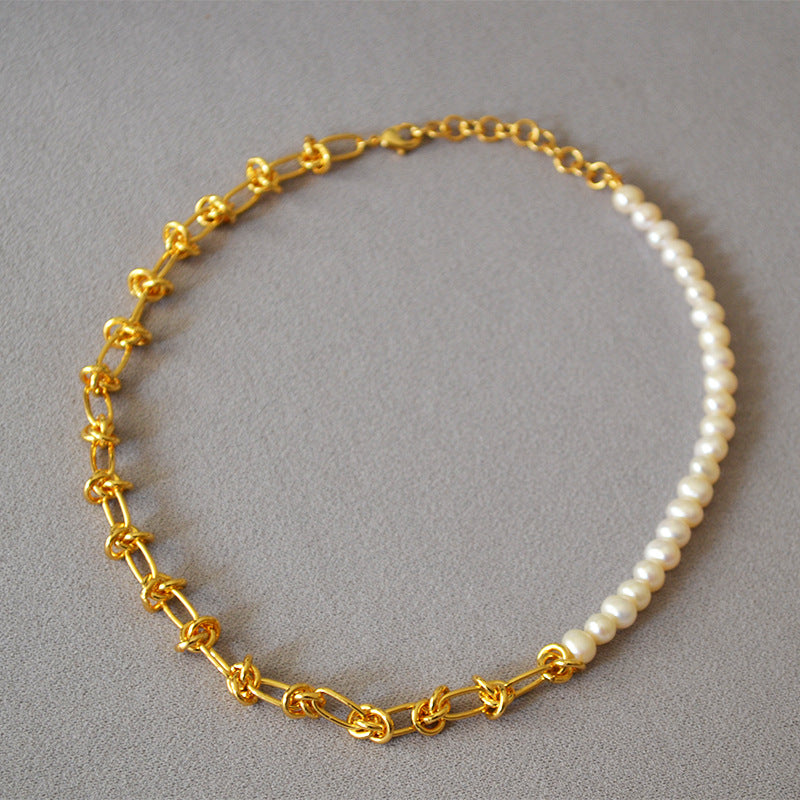 Brass Freshwater Pearl Knotted Chain Necklace