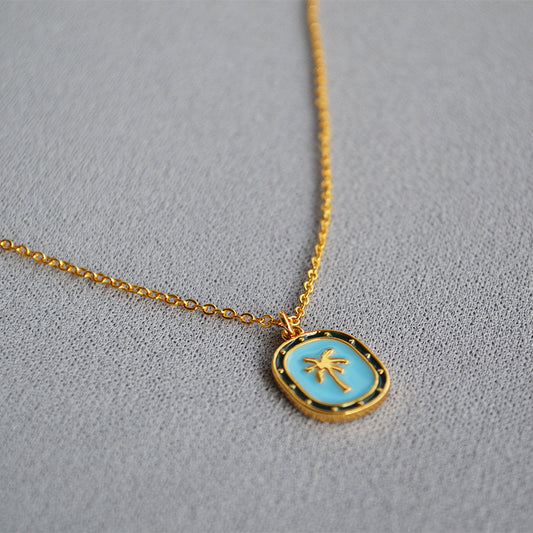 Brass Palm Tree Pendant Cross Chain Necklace