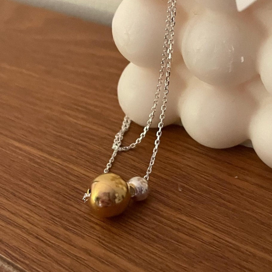 925 Sterling Silver Ball Bead Pendant Two Tone Necklace