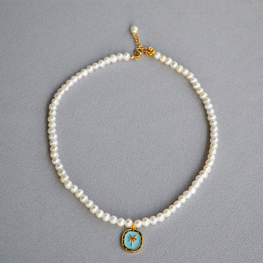 Brass Palm Tree Pendant Freshwater Necklace