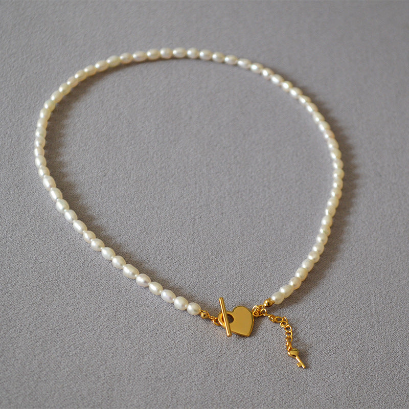 Brass Freshwater Pearl Heart Lock Necklace