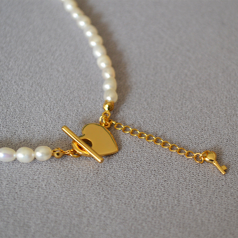 Brass Freshwater Pearl Heart Lock Necklace