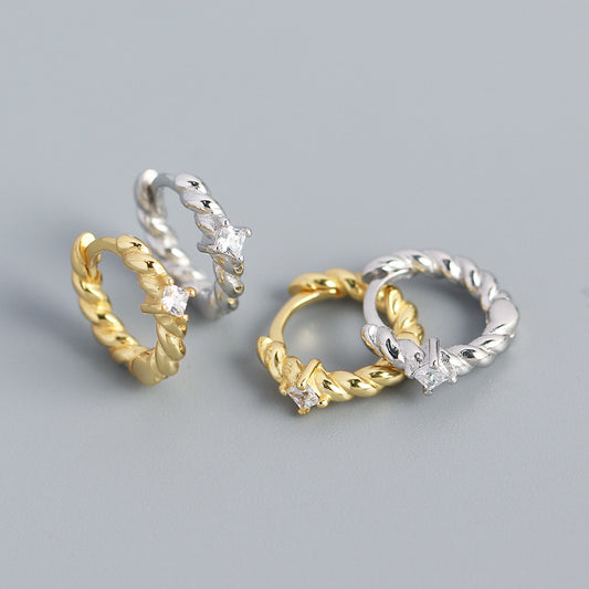 925 Sterling Silver Twisted CZ Hoop Earrings