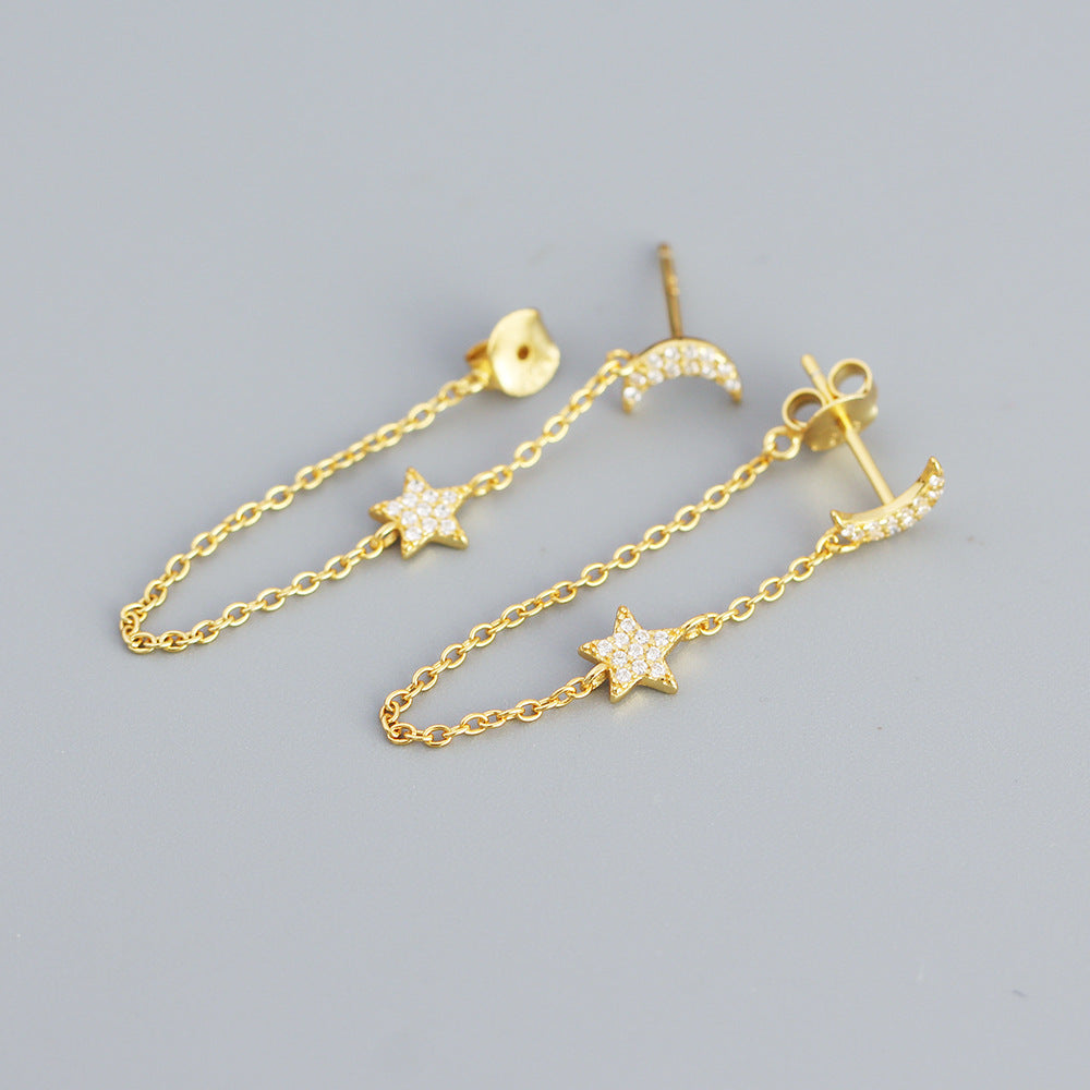 925 Sterling Silver Moon Star Chain Earring Studs