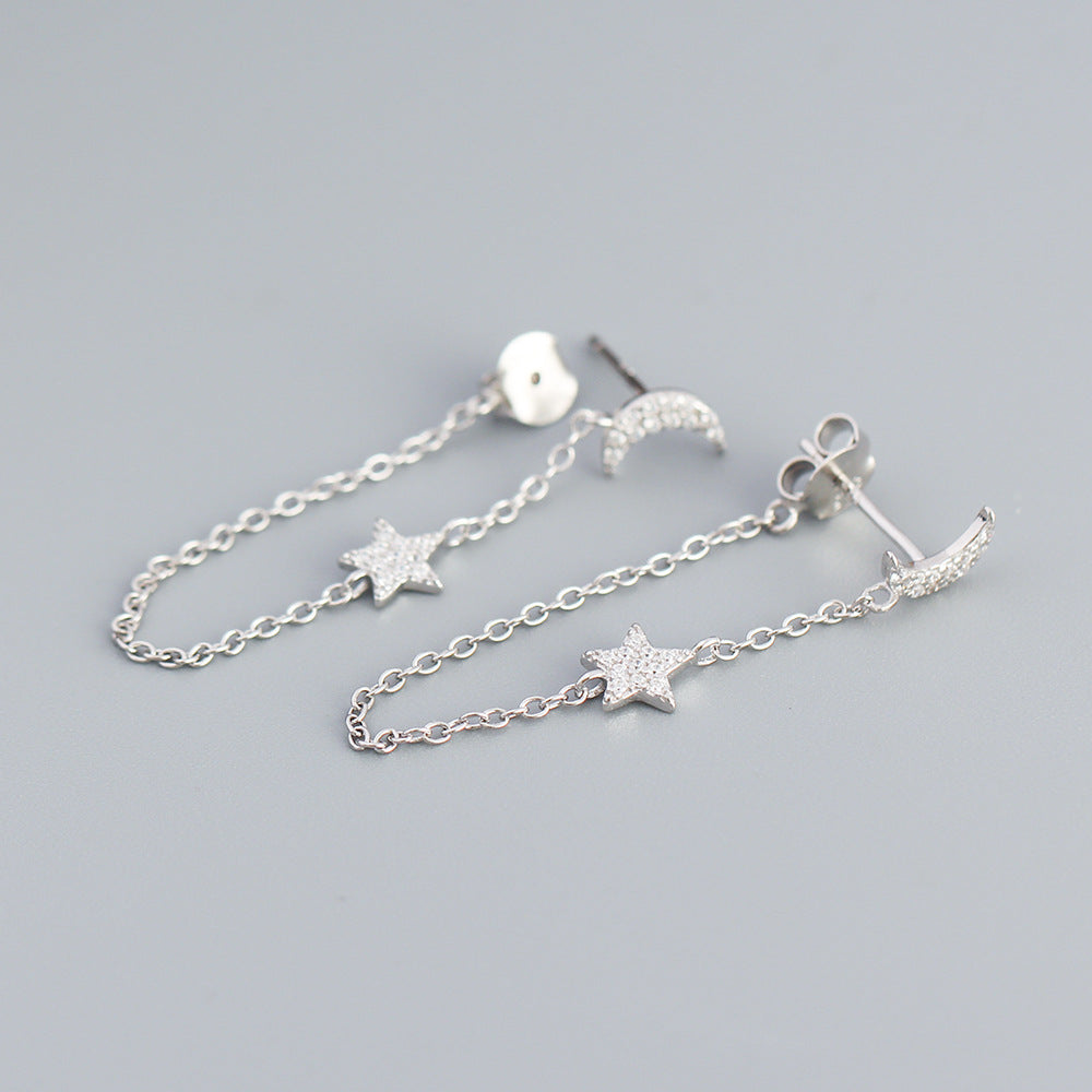 925 Sterling Silver Moon Star Chain Earring Studs