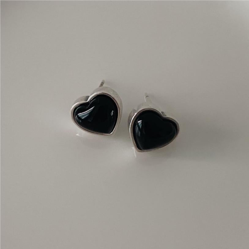 925 Sterling Silver Black Onyx Heart Earring Studs