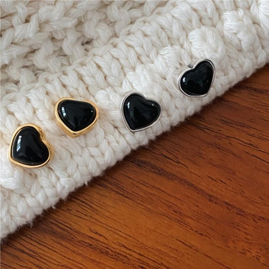 925 Sterling Silver Black Onyx Heart Earring Studs