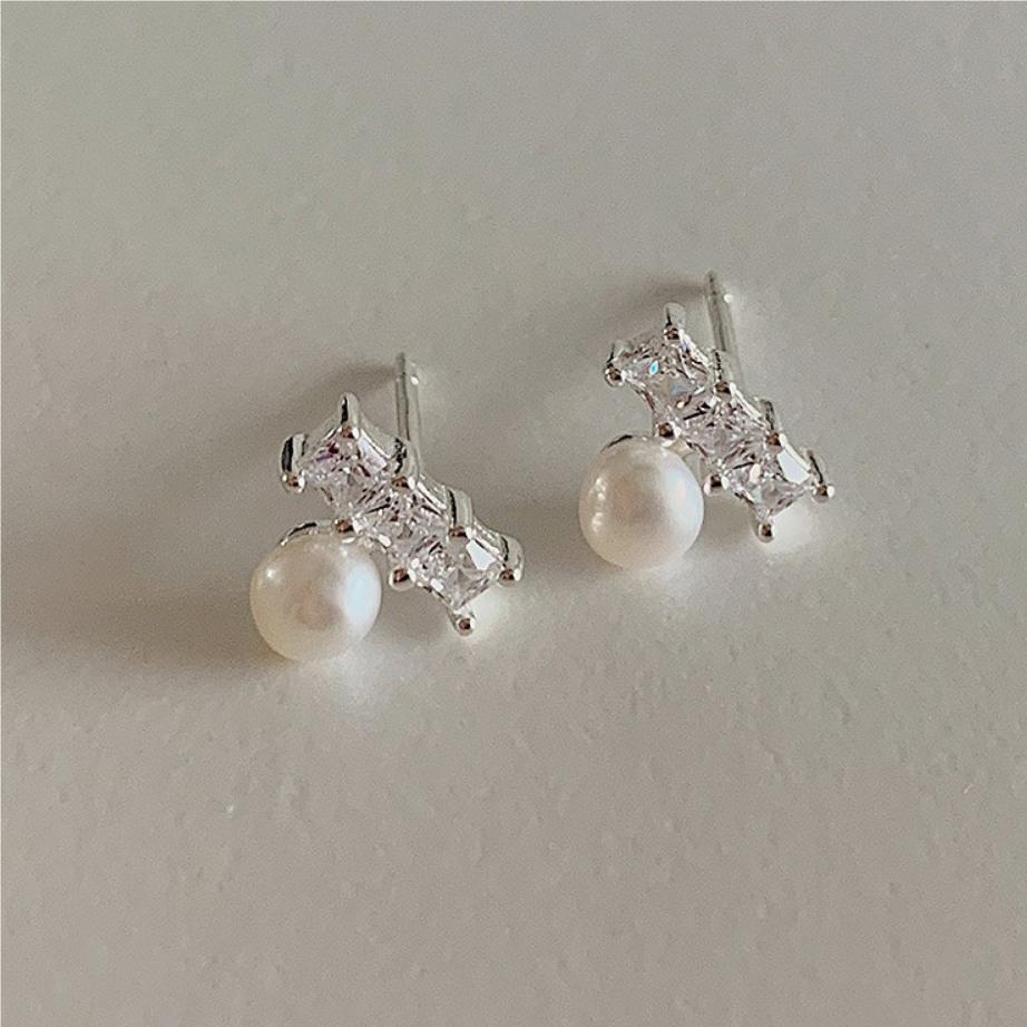 925 Sterling Silver CZ Pearl Earring Studs