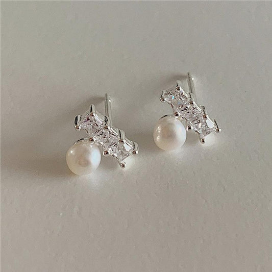 925 Sterling Silver CZ Pearl Earring Studs