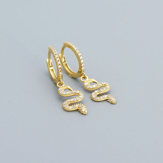 925 Sterling Silver Snake Charm CZ Hoop Earrings