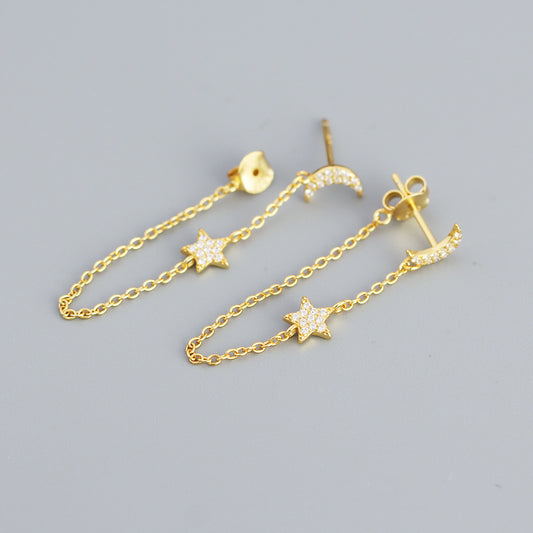 925 Sterling Silver Star And Moon Dangle Earrings