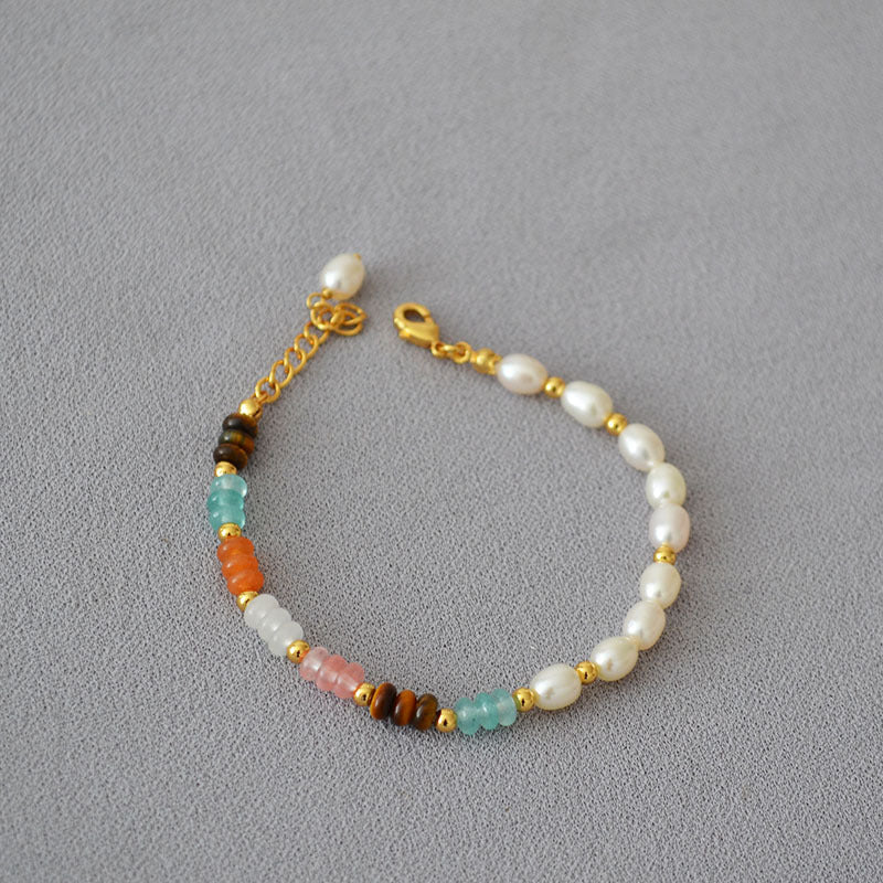 Natural Coloured Stones Freshwater Pearl Brass Bracelet Bangle