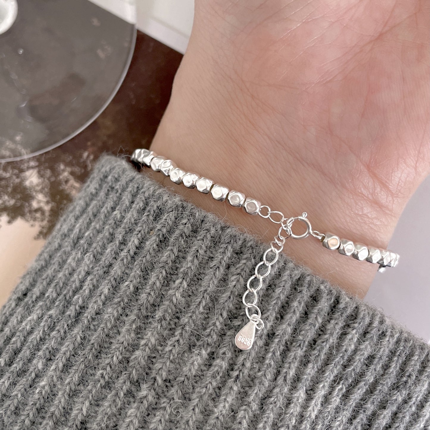 925 Sterling Silver Beaded Cube Chain Bracelet Bangle